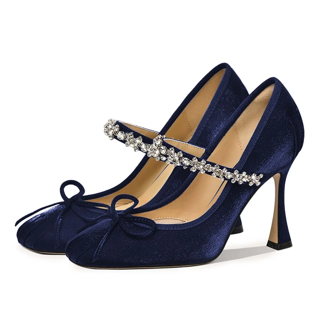 Velvet Rhinestone Strap Square Toe Bow Navy Flared Heel Pumps Shoes