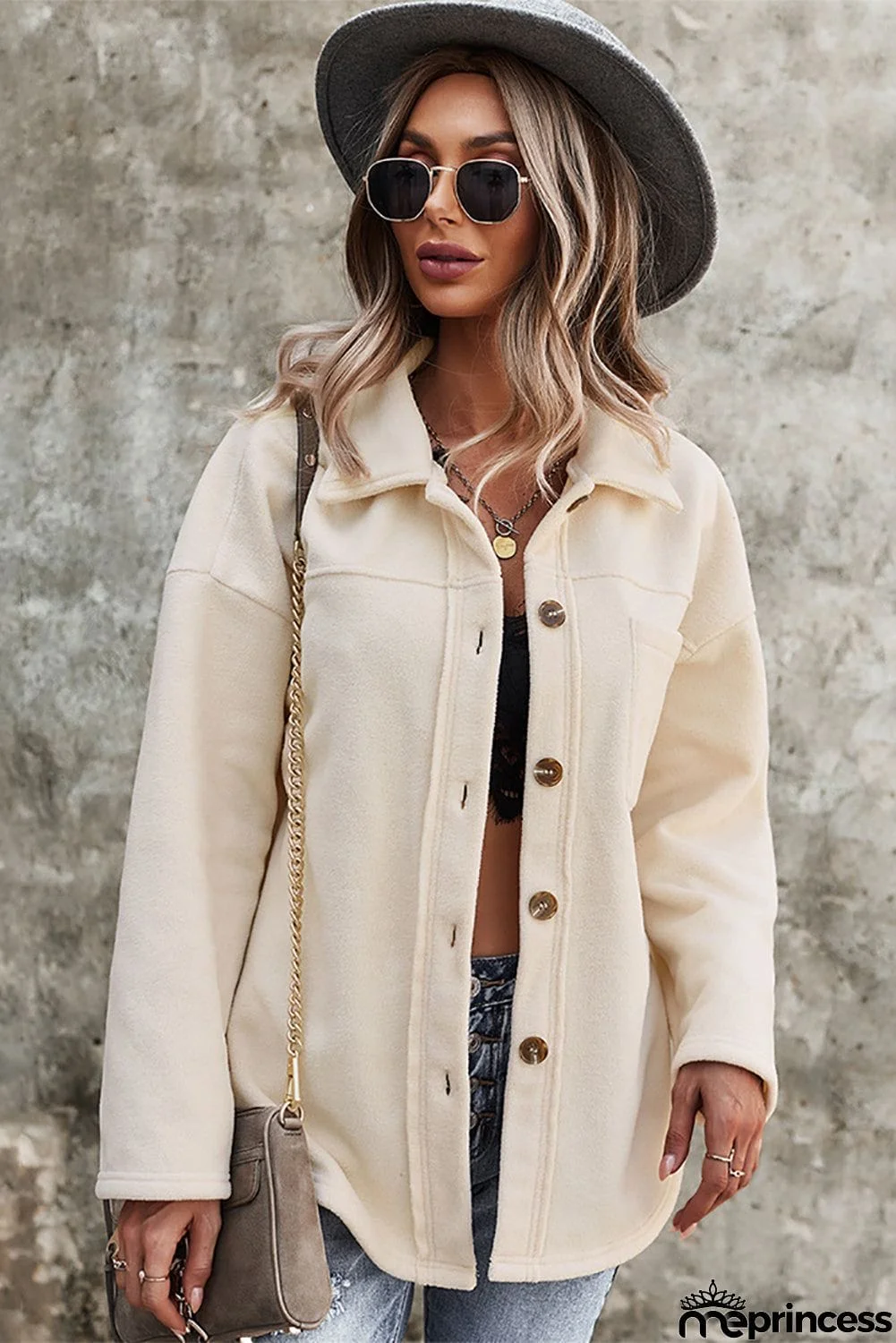 Turn Down Collar Pocket Button Closure Warm Coat