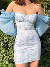 Square-Neck Puff Sleeves Contrast Color Floral Print Sexy Slim Mini Dress