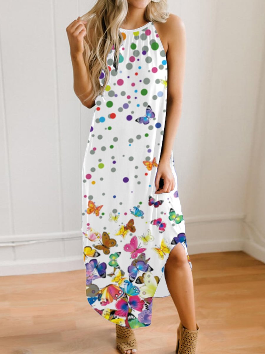 Casual Butterfly Print Sleeveless Off-Shoulder Maxi Dress