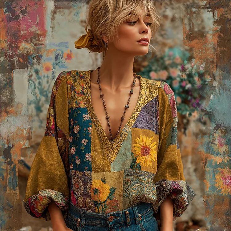 Women's Bohemian Patchwork Colorful Floral V-neck Linen Top