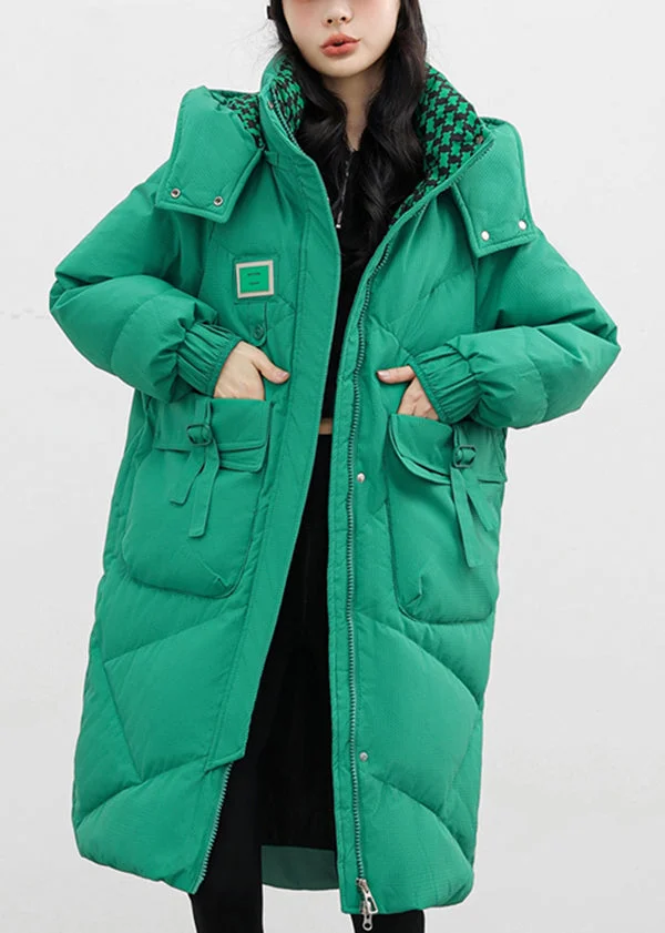 French Green Hooded Pockets Fine Cotton Filled Puffers Coat Winter