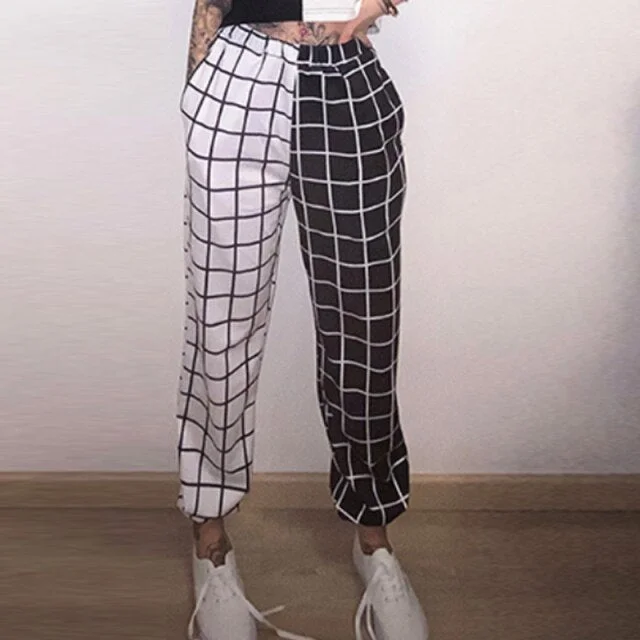 Elastic High Waist Patchwork Check 2021 Fashion Ladies Bottom