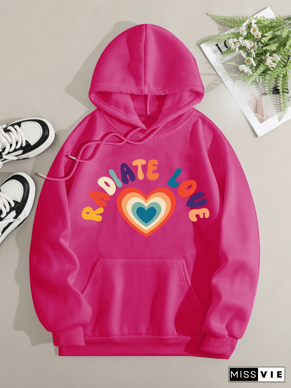 Printed on front Kangaroo Pocket Hoodie Long Sleeve for Women Pattern radiate love