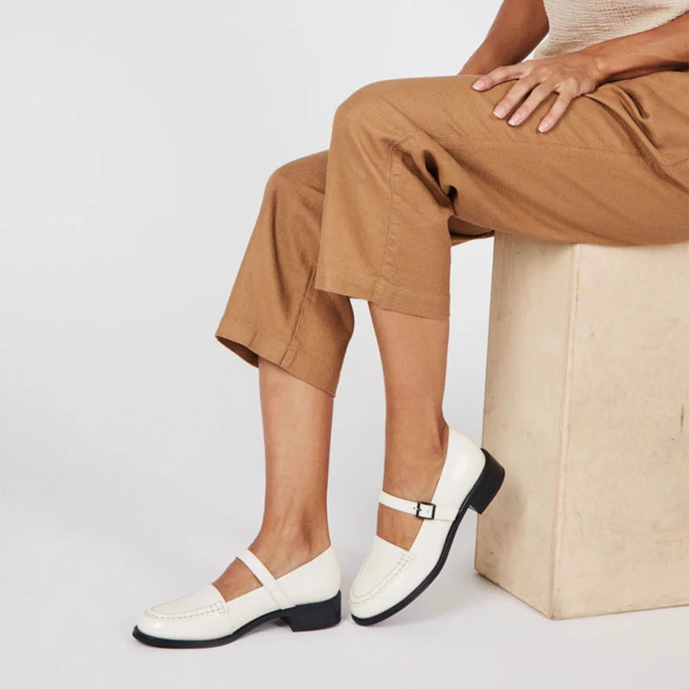 White Round Toe Low Block Heel Buckle Women Mary Jane Shoes
