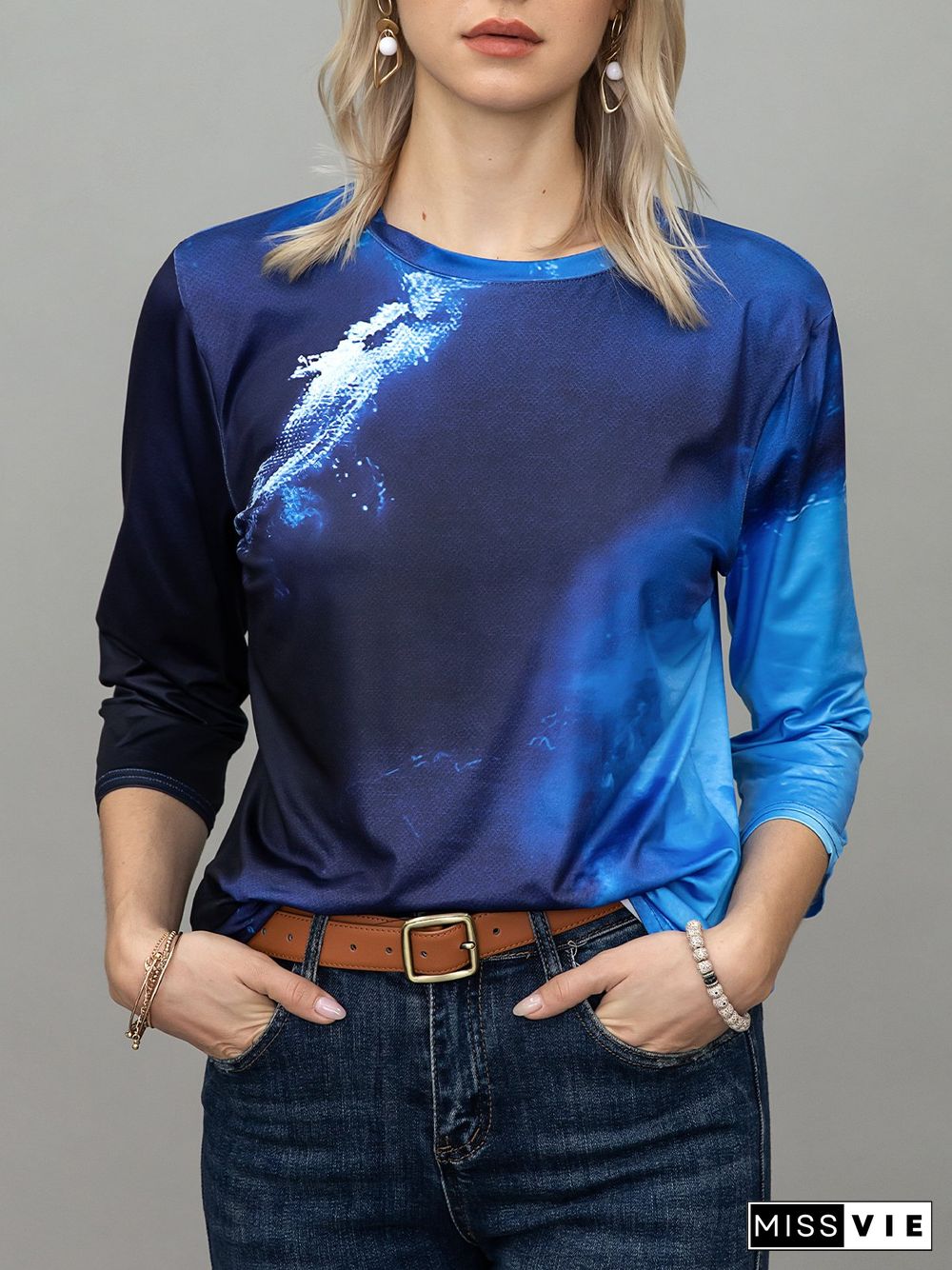 Printed Long Sleeve Crew Neck Casual T-shirt