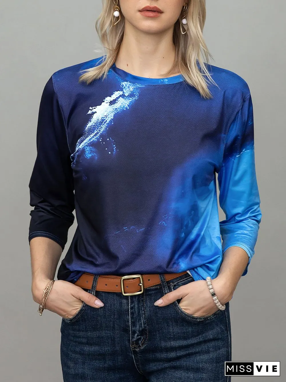 Printed Long Sleeve Crew Neck Casual T-shirt