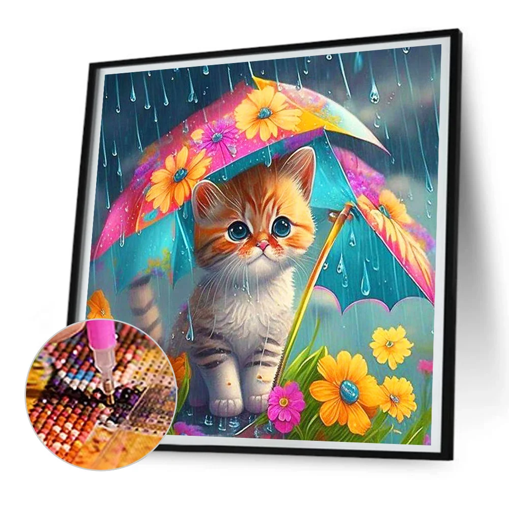 Diamond Painting - Full Round Drill - Umbrella Cat(Canvas|30*30cm)