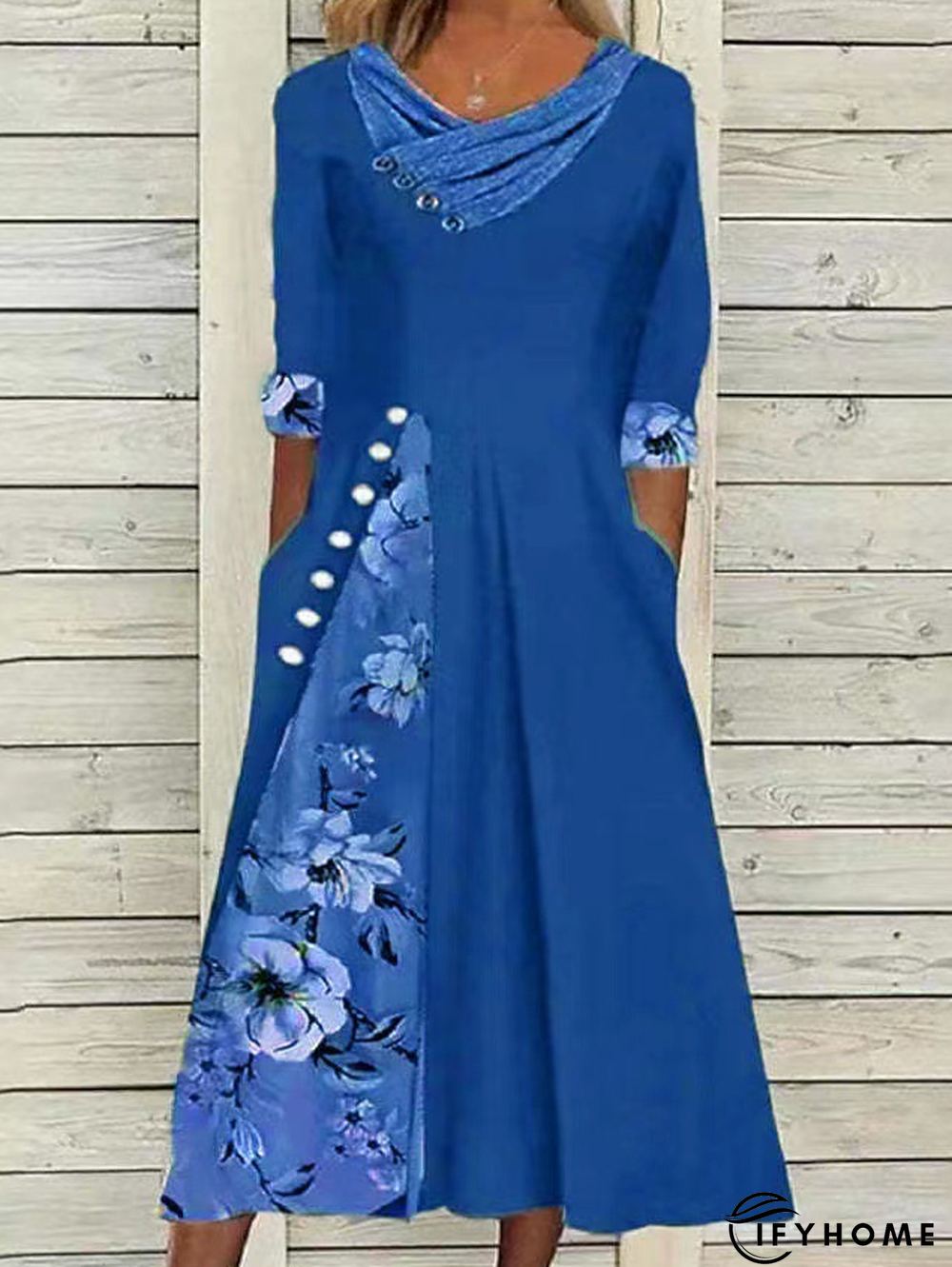 Floral Tunic V-Neckline Midi A-line Dress | IFYHOME
