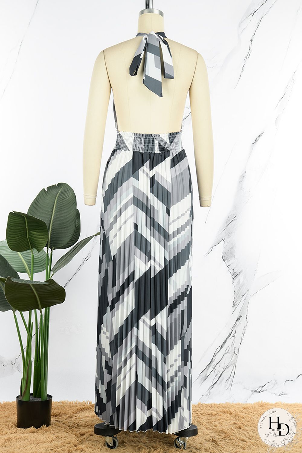 Black Sexy Print Patchwork Backless Fold Halter A Line Dresses