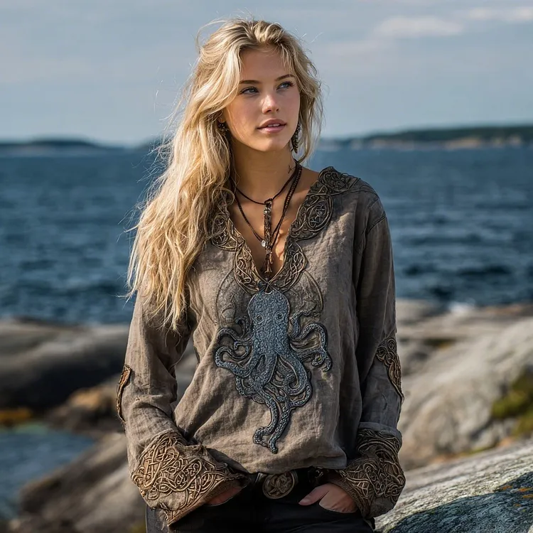 Women's Nordic Celtic Knot Octopus Inspired Linen V-neck Shirt