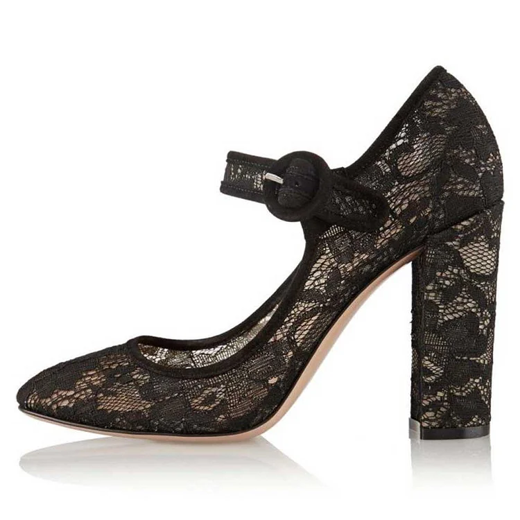 Black Lace Round Toe Chunky Heel Mary Jane Pumps |FSJ Shoes