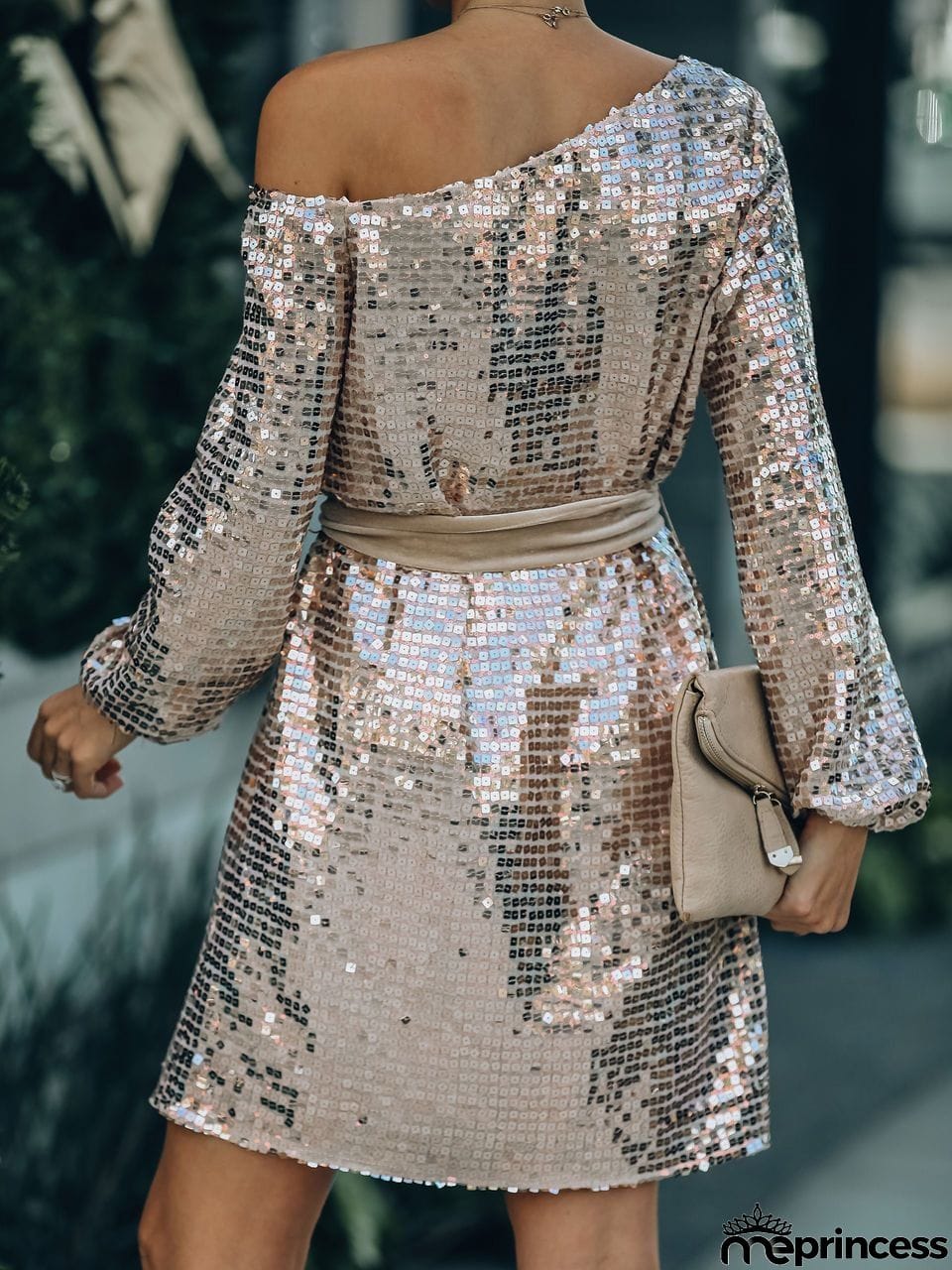 Open shoulder gold sequins belted evening dress