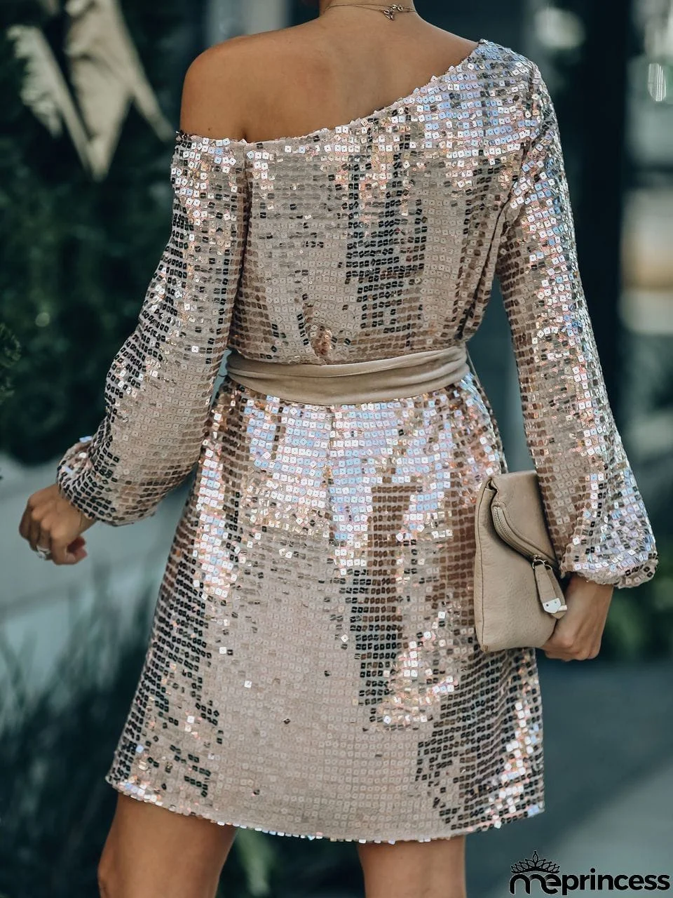 Open shoulder gold sequins belted evening dress