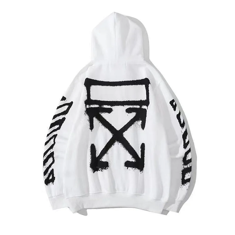 Off White Hoodie Autumn and Winter Inkjet Arrow Pattern Velvet Padded Hooded Sweatshirt Men and Women Same Style