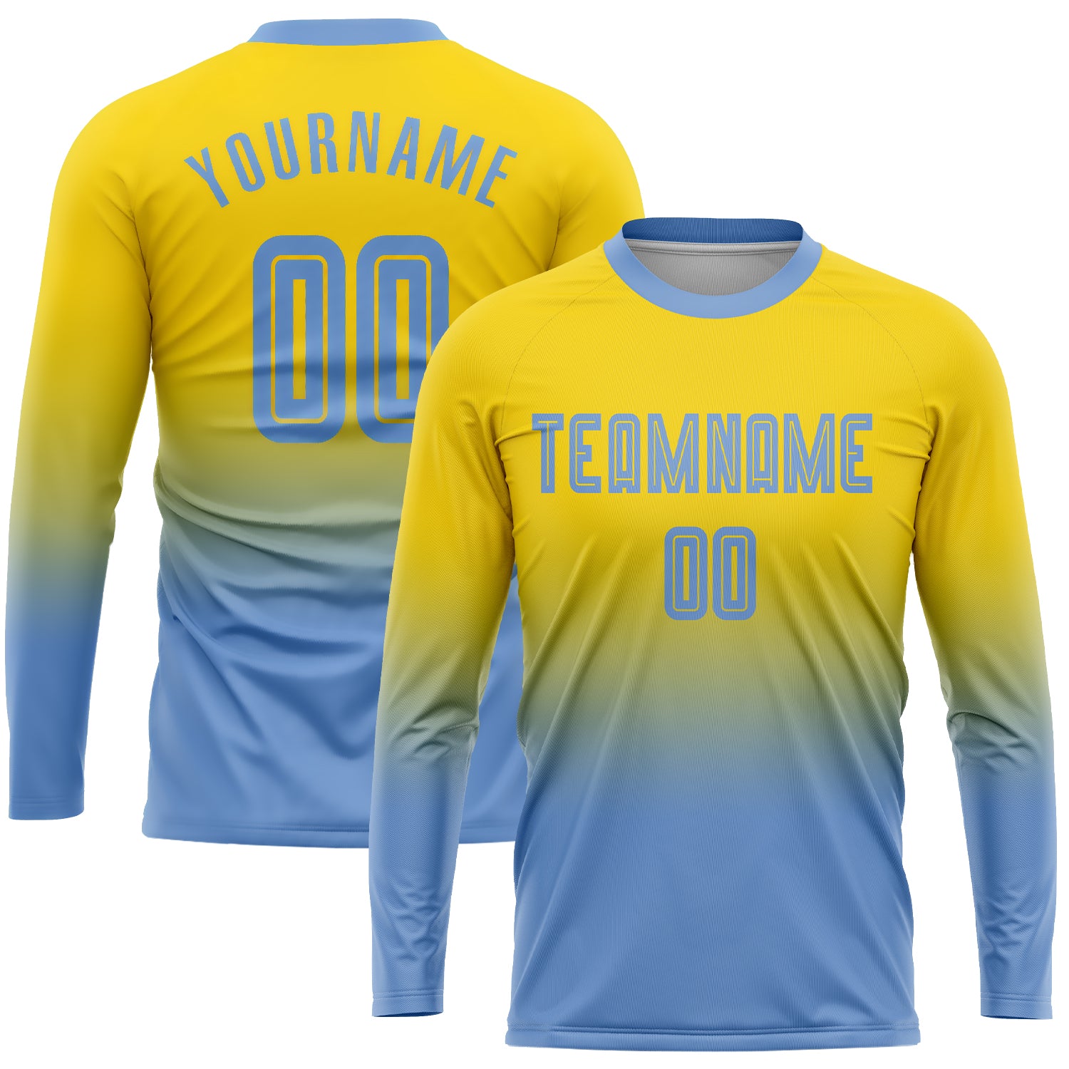 Custom Gold Light Blue Sublimation Long Sleeve Fade Fashion Soccer Uniform Jersey | captainssportss.com