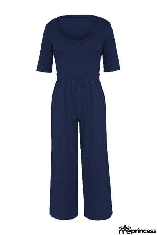 U Neck Short Sleeve Loose Jumpsuit