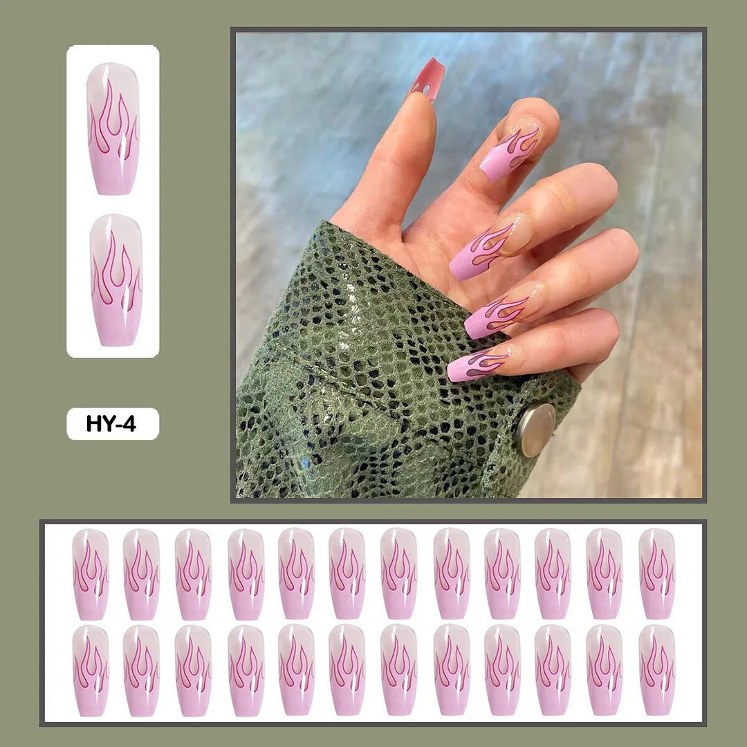 24PCS False Nails with Glue Rhinestones Long Detachable Fire Stick on Nails Coffin Flame Press on Nails Art DIY Manicure Tool-Nail Inspo
