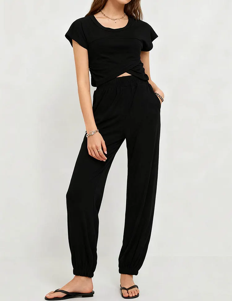 Ladies Solid Color Crop Top and Pants Set SKST379