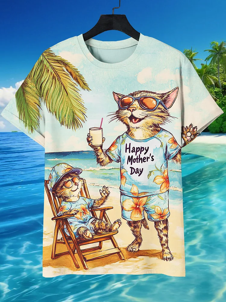 Men's Cat Hawaii Beach Vacation Print Casual T-Shirt