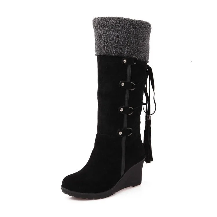 Women Knee-High Boots Winter Snow Boots Wedges Keep Warm Shoes for Women Tassel High Heel Boots Cotton-padded Knee High Boots