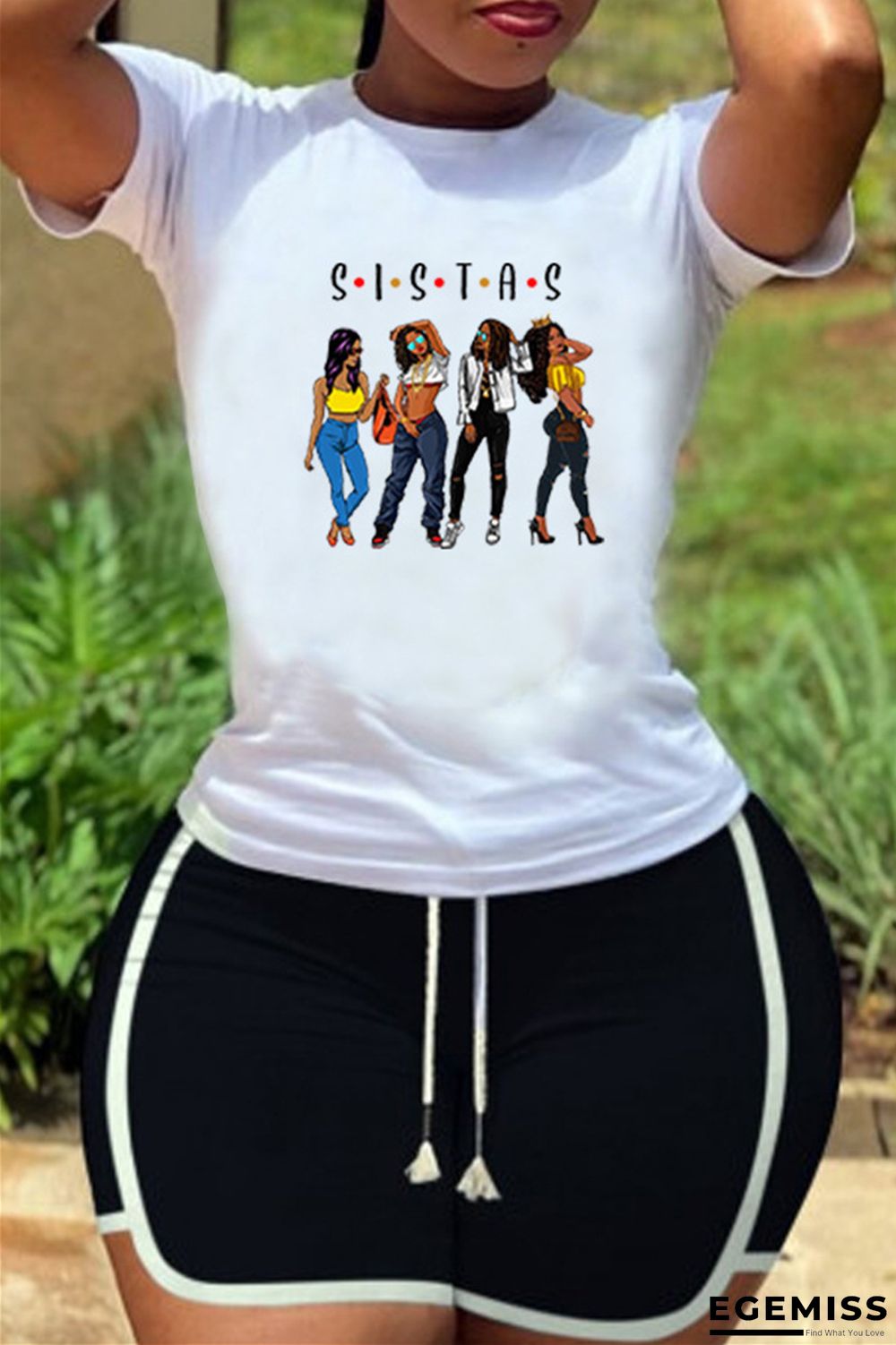 White Fashion Casual Print Basic O Neck Short Sleeve Two Pieces | EGEMISS