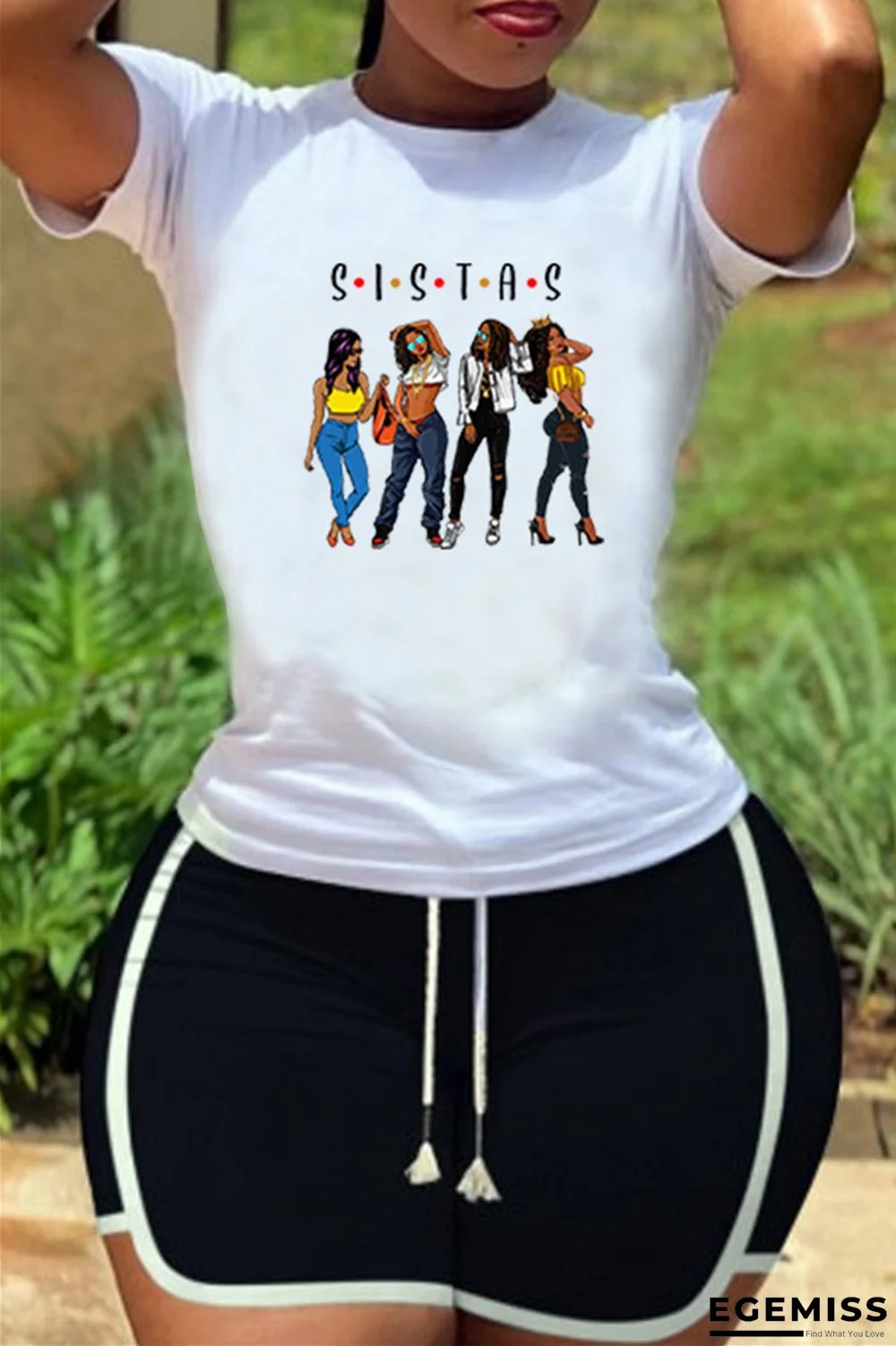 White Fashion Casual Print Basic O Neck Short Sleeve Two Pieces | EGEMISS