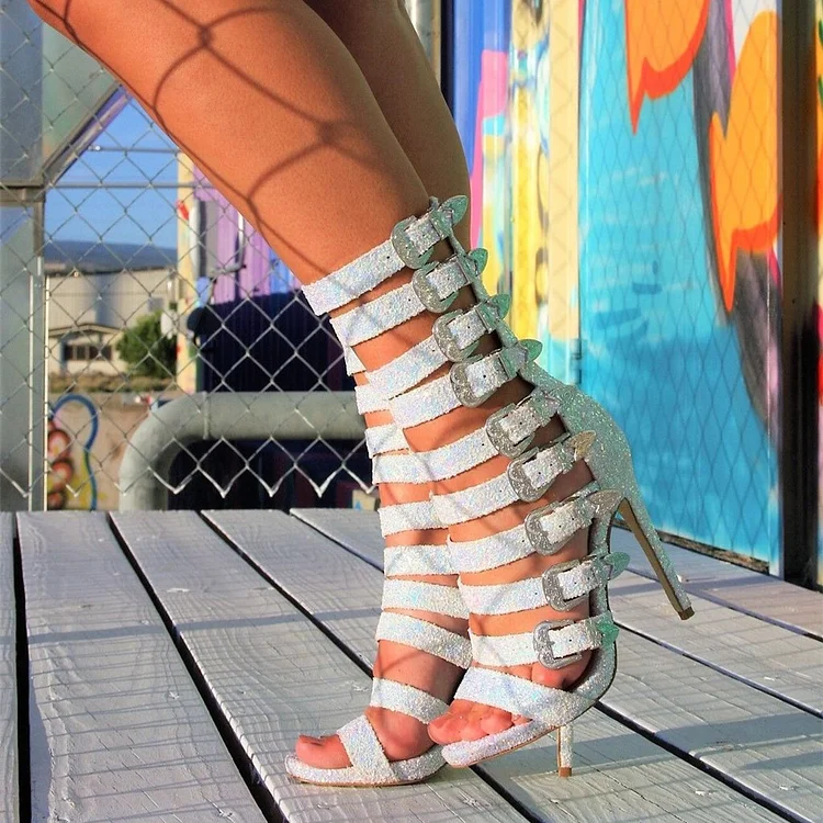 White Gladiator Heels Glitter Multi Buckles Stiletto Heel Sandals |FSJ Shoes