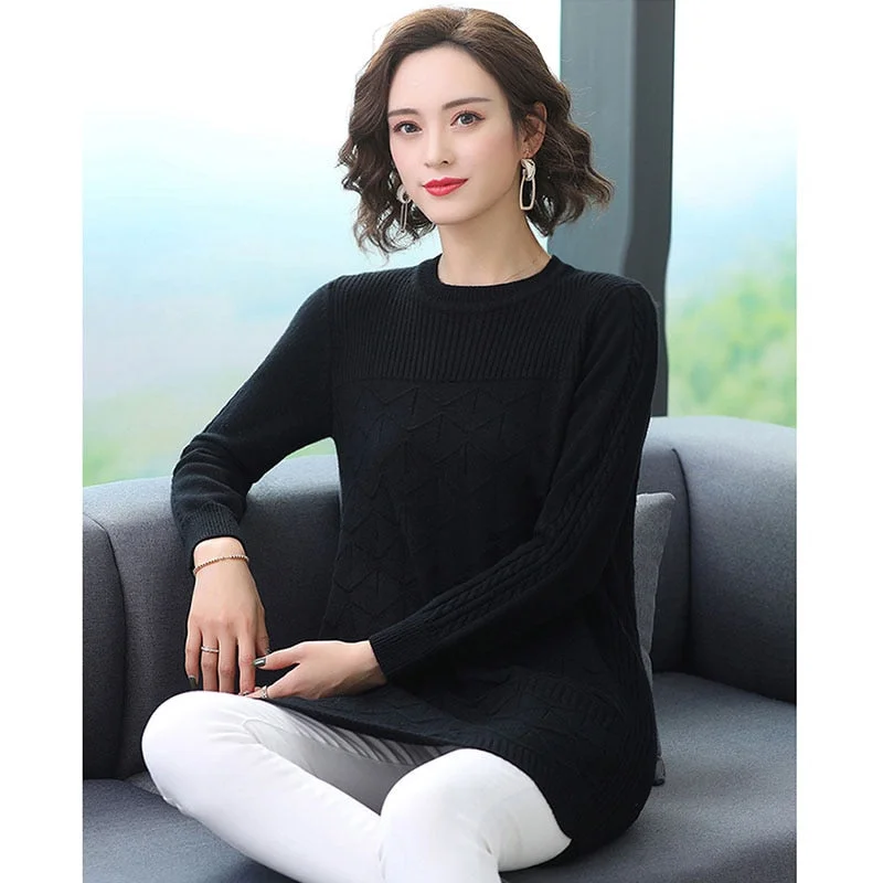 Autumn Winter Women Knit Sweater Pullover Mid-length Solid Long Sleeve  Sweater Loose Knit Bottoming Shirt Female Plus Size T326
