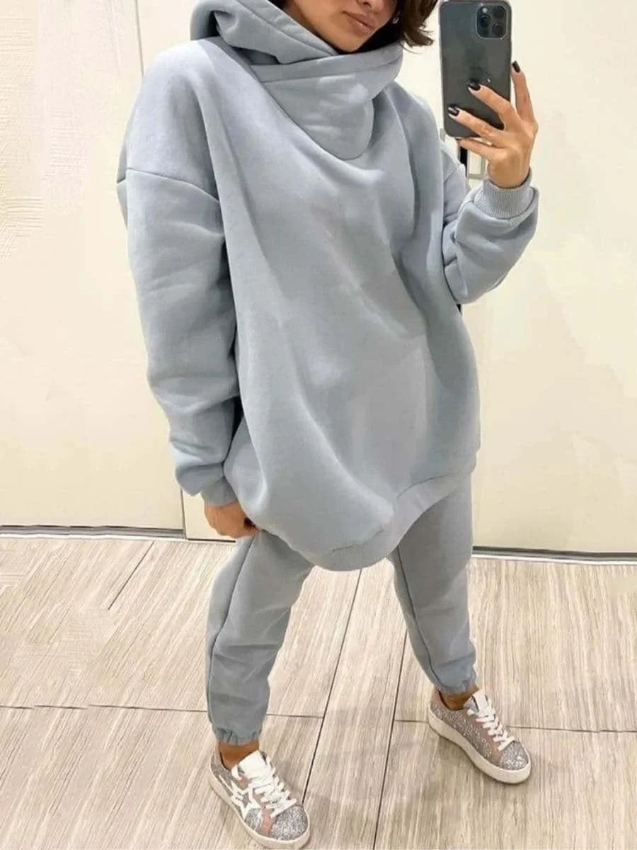 Two-piece suit of solid color casual hoodie and sweatpants