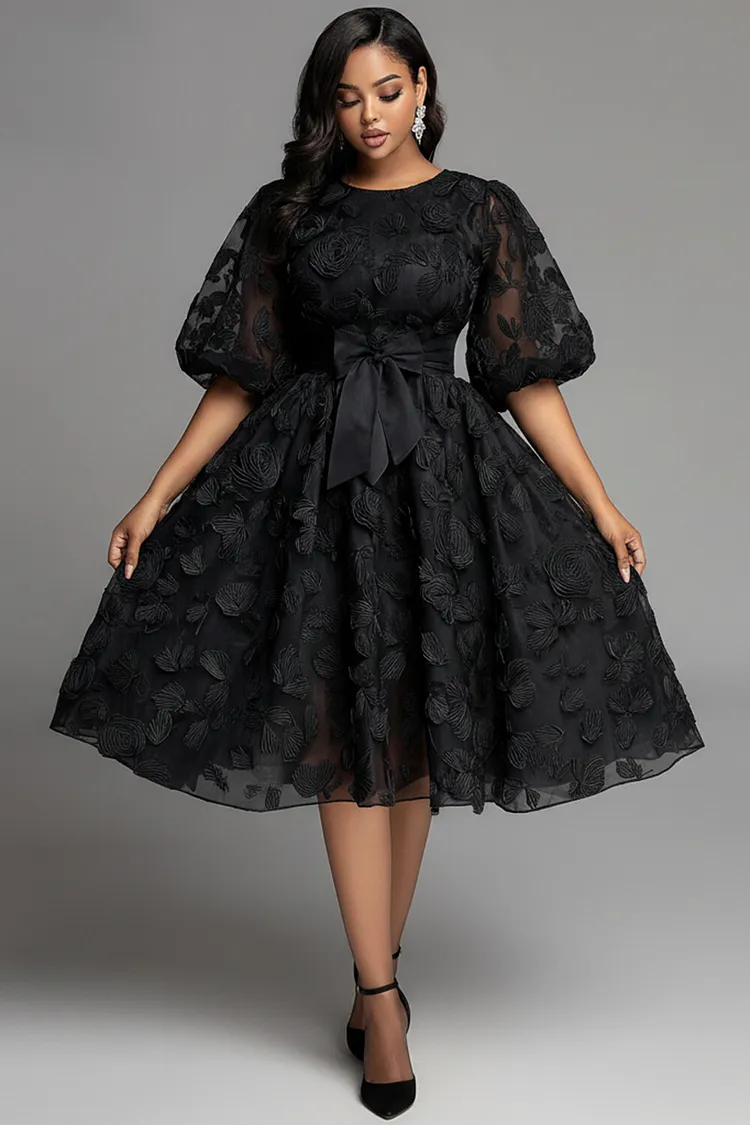 Xpluswear Design Plus Size Cocktail Party Black Round Neck Short Sleeve Pocket See Through Lace Midi Dresses [Pre-Order] 2024 - Xpluswear
