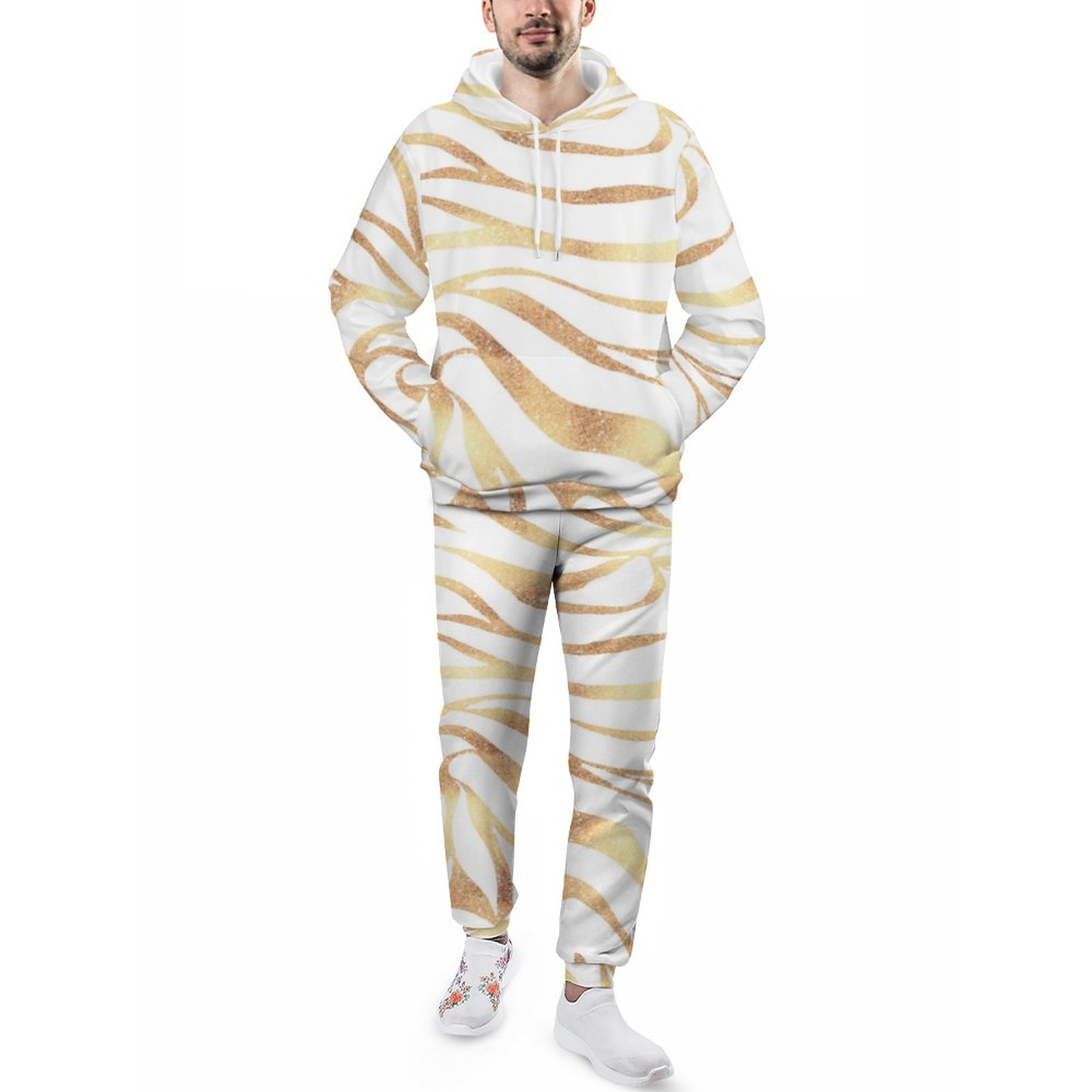 Elegant Gold Glitter Zebra White Animal Print Men's Tracksuit 2 Piece Hoodie Sweatsuit Sets Casual Jogging Athletic Suits