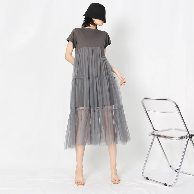 Zingj Zingj Fashion Brand Design Sense Net Gauze Skirt 2024 Summer New Fashion Round Collar Short Sleeve Pure Color Splicing Dress Women