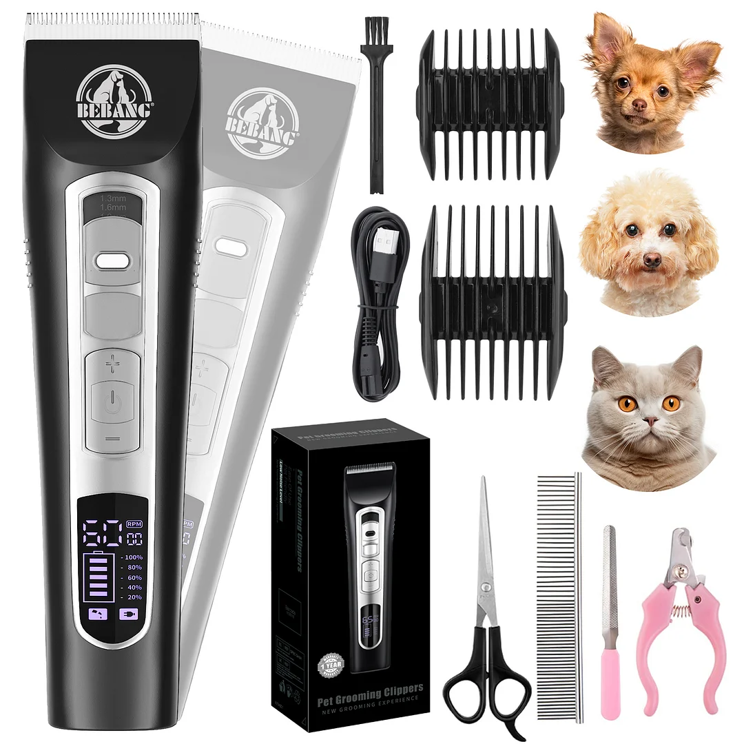 BEBANG Dog Grooming Clippers Pro for Thick Hair Pets, Rechargeable High Power Hair Shaver Clippers Low Noise for Small/Large Dogs & Cats