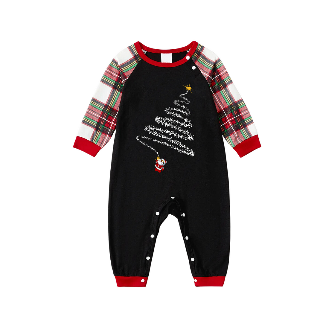 Santa Claus Print Black Long Sleeve Top with Red & White & Green Plaid Family Matching Pajamas