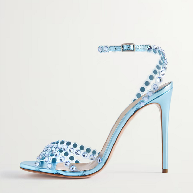 Elegant Blue Rhinestones Sandal Women's Open Toe Stiletto Heels Shoes |FSJ Shoes