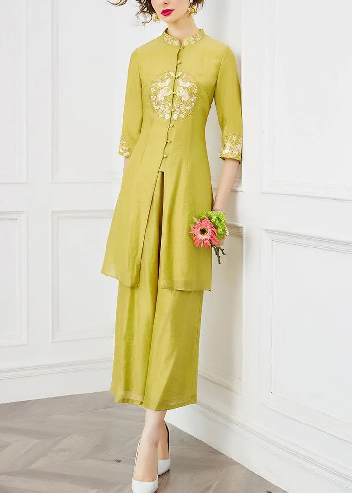 Chinese Style Mustard Yellow Embroidered Button Cotton Two Piece Set Summer