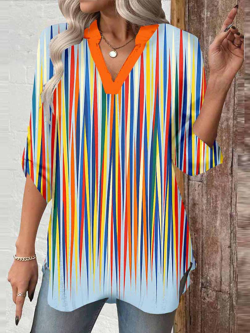 Women Striped,Blue DZGA0008 3/4 Sleeve V-neck Printed Graphic Button Tops