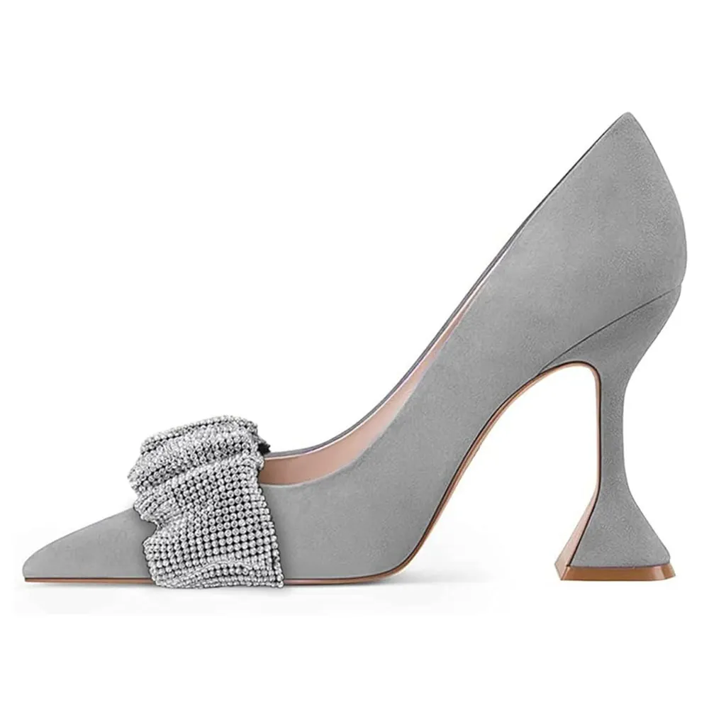 Elegant Grey Vegan Suede Rhinestone Pointed Toe Pumps for Women