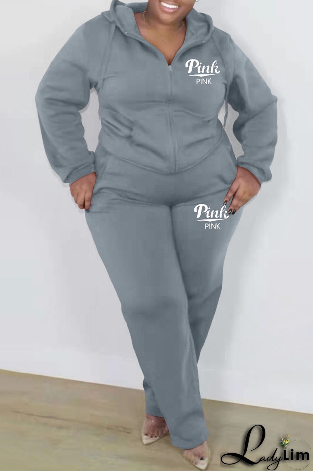 Black Fashion Casual Letter Print Basic Hooded Collar Plus Size Two Pieces