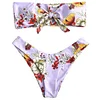 ZAFUl Knot Floral Bandeau Bikini Set Women Mid Waist Swimsuit Sexy Bandeau Swimwear Strapless 4-Color Bathing Suit Biquni