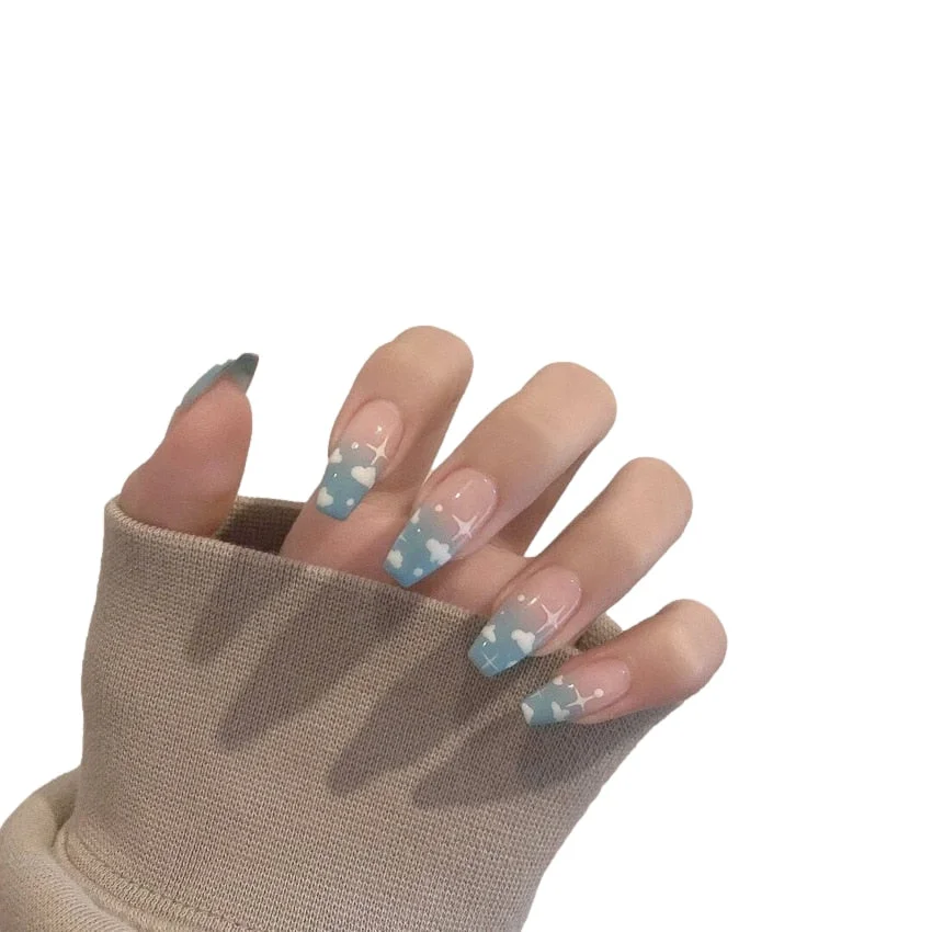 24pcs French False Nail With Rhinestones Summer Nail Tips Press on Nail Sky White Cloud Fake Nails with Glue Ballet Nail Art-Nail Inspo