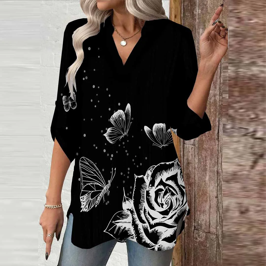 Women Floral, Black, White DZGA0768 3/4 Sleeve V-neck Printed Graphic Button Tops