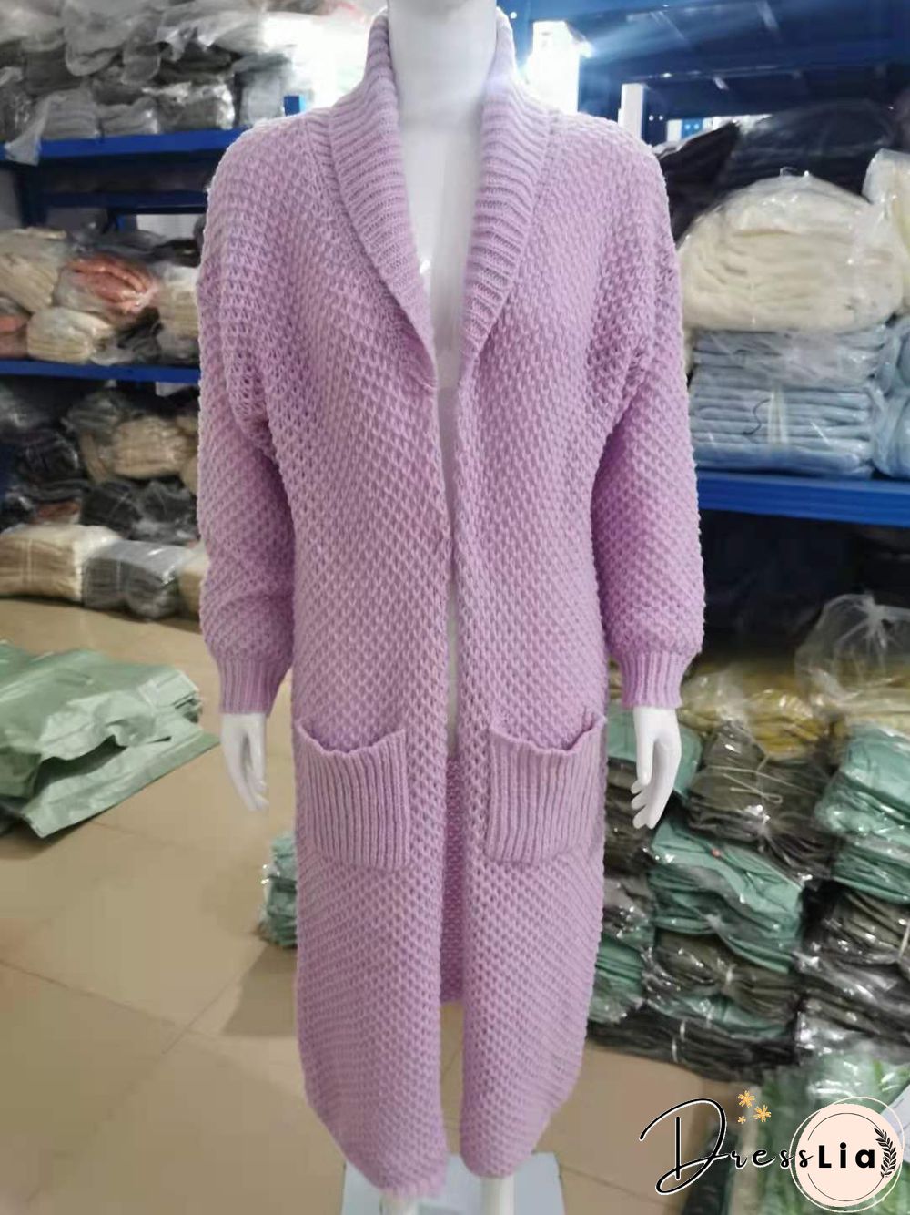 Winter Lapel Knitted Solid Color Long Oversize Sweater