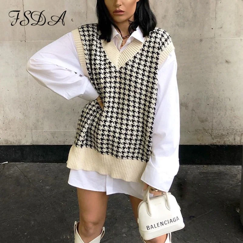 FSDA 2020 Women Houndstooth Vest Sweater Casual V Neck Sleeveless Autumn Winter Jumper Knitted Korean Style Pullover Loose Tops