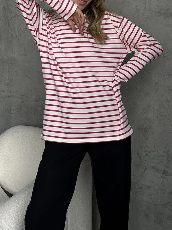 Long Sleeves Loose Striped Round-Neck T-Shirts Tops