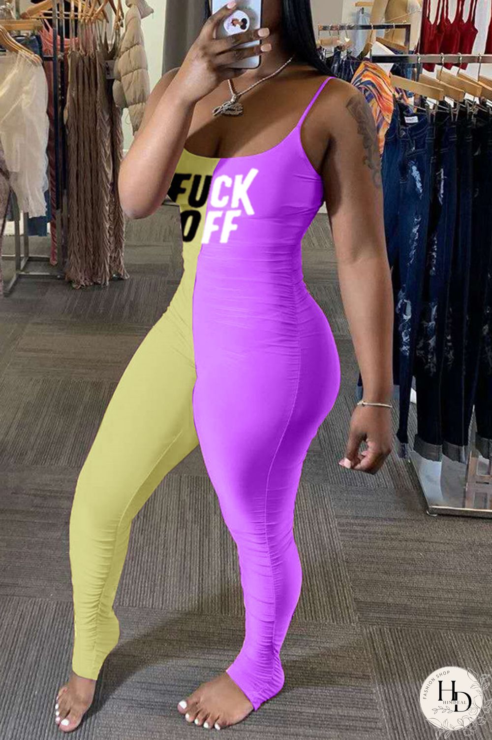 Yellow Purple Fashion Sexy Letter Print Split Joint Backless Fold O Neck Skinny Jumpsuits