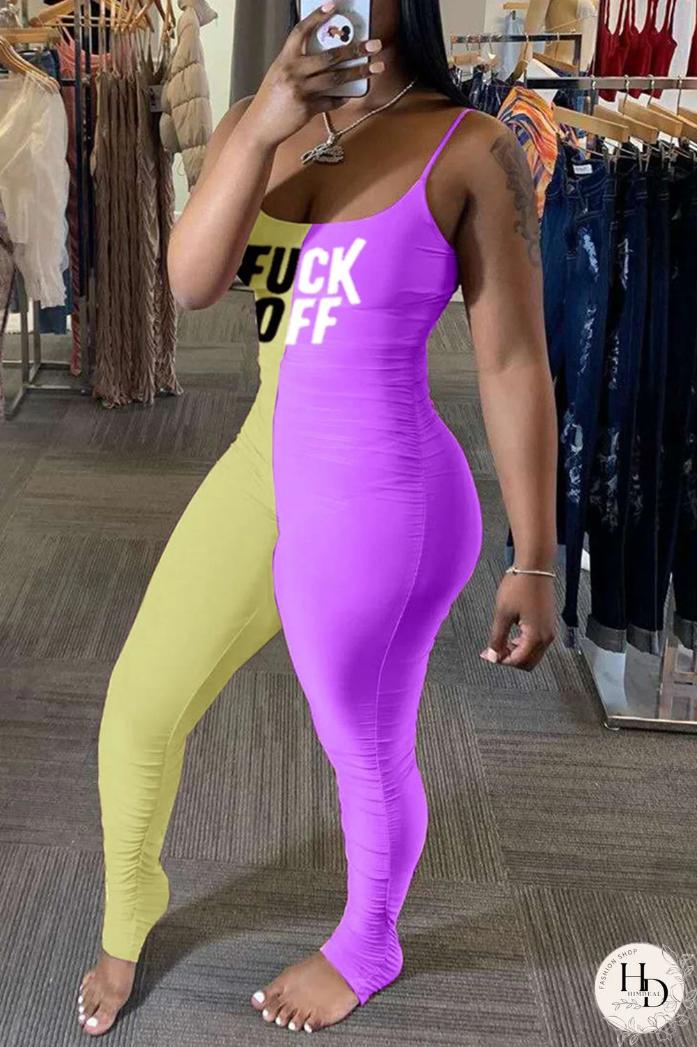 Yellow Purple Fashion Sexy Letter Print Split Joint Backless Fold O Neck Skinny Jumpsuits