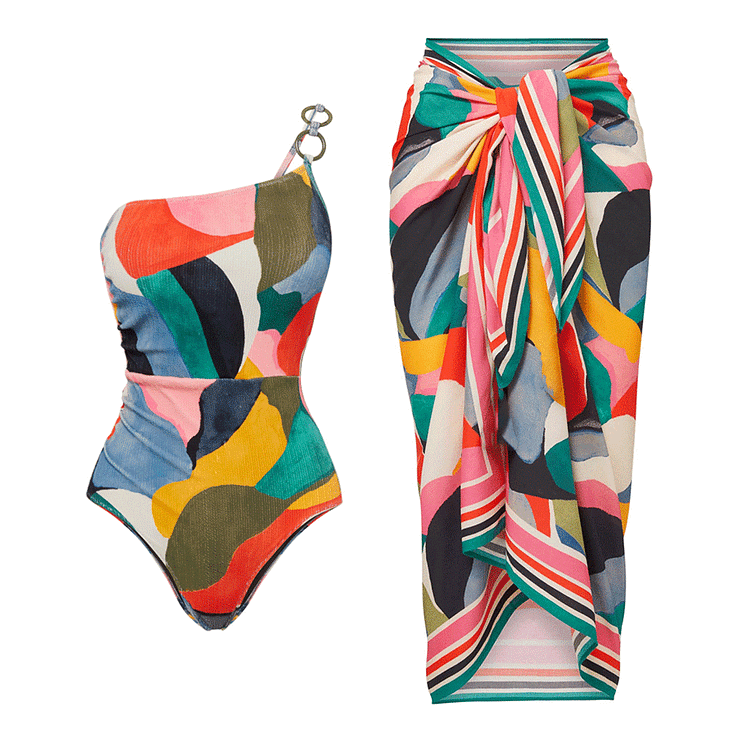 O Ring One Shoulder Printed One Piece Swimsuit and Sarong