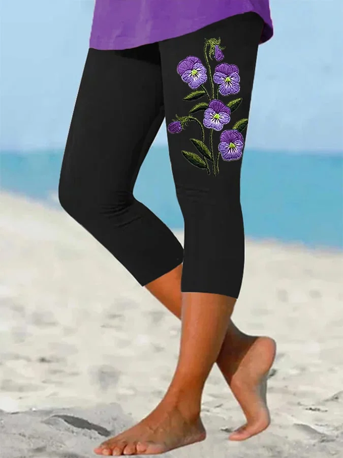 Women's Purple Flower Alzheimer's Awareness Support Cropped Leggings